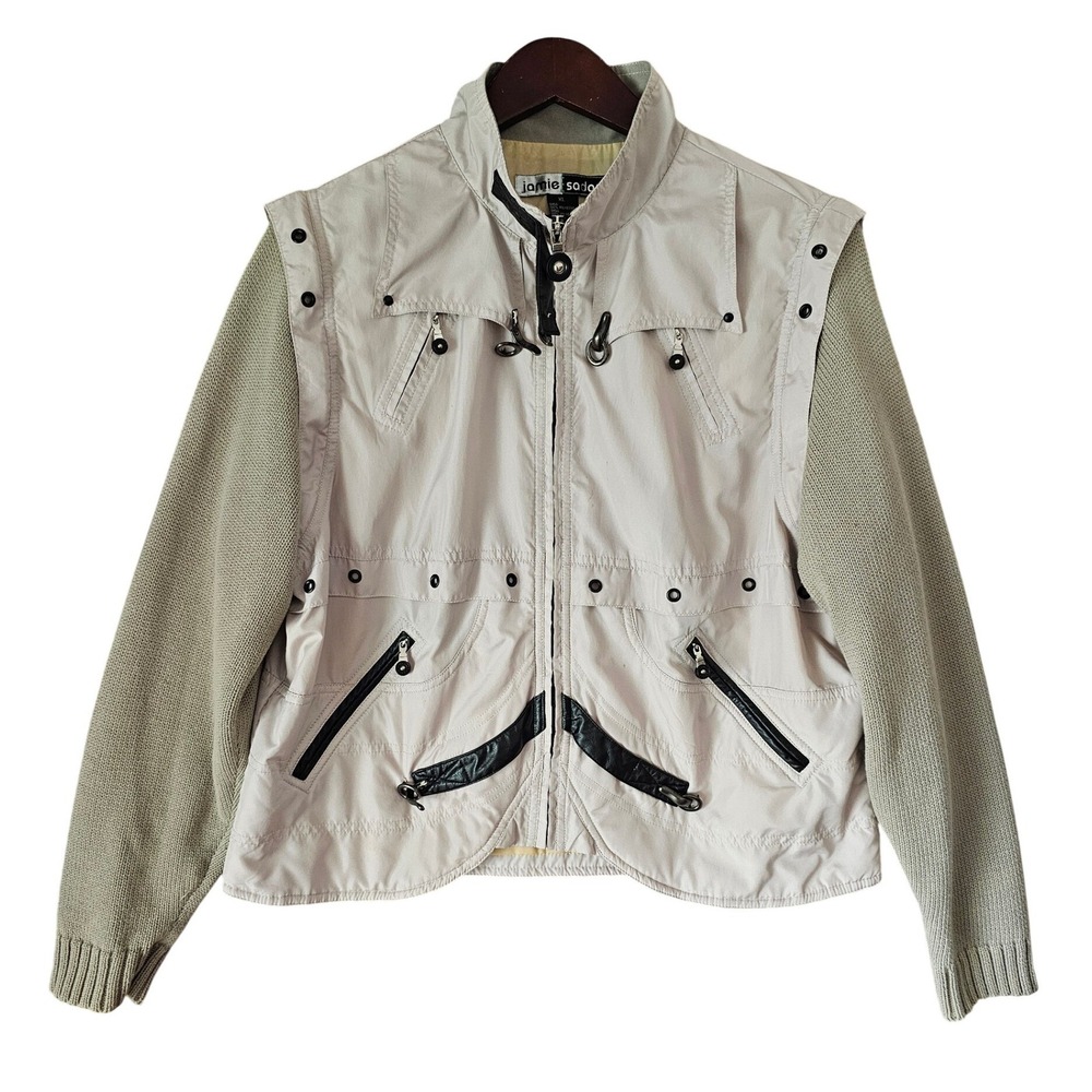 Jamie Sadock Womens XL Mixed Media Utility Jacket Beige Knit Sleeve Full Zip